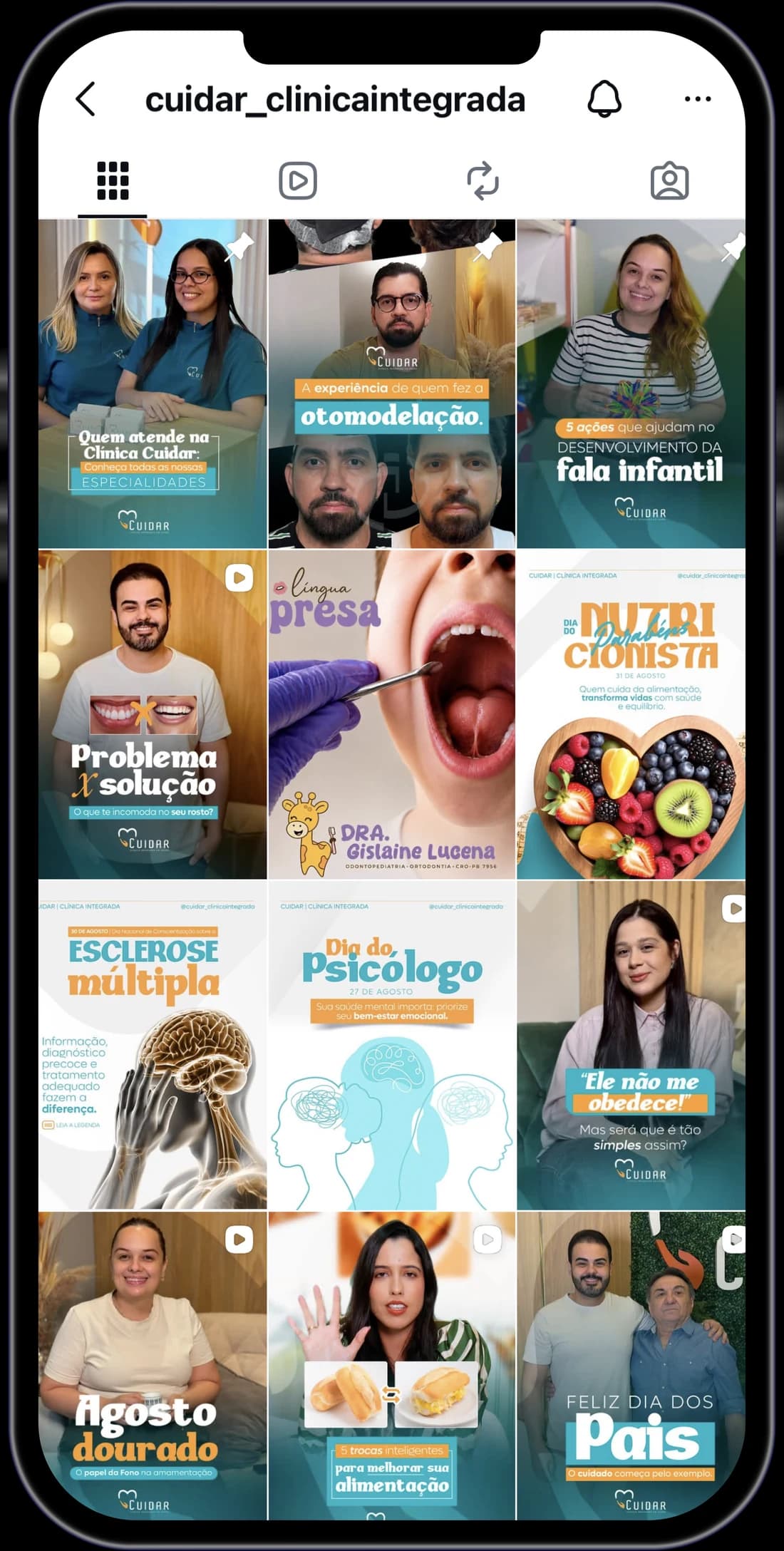Perfil da Cuidar Clínica Integrada com conteúdos recorrentes sobre saúde