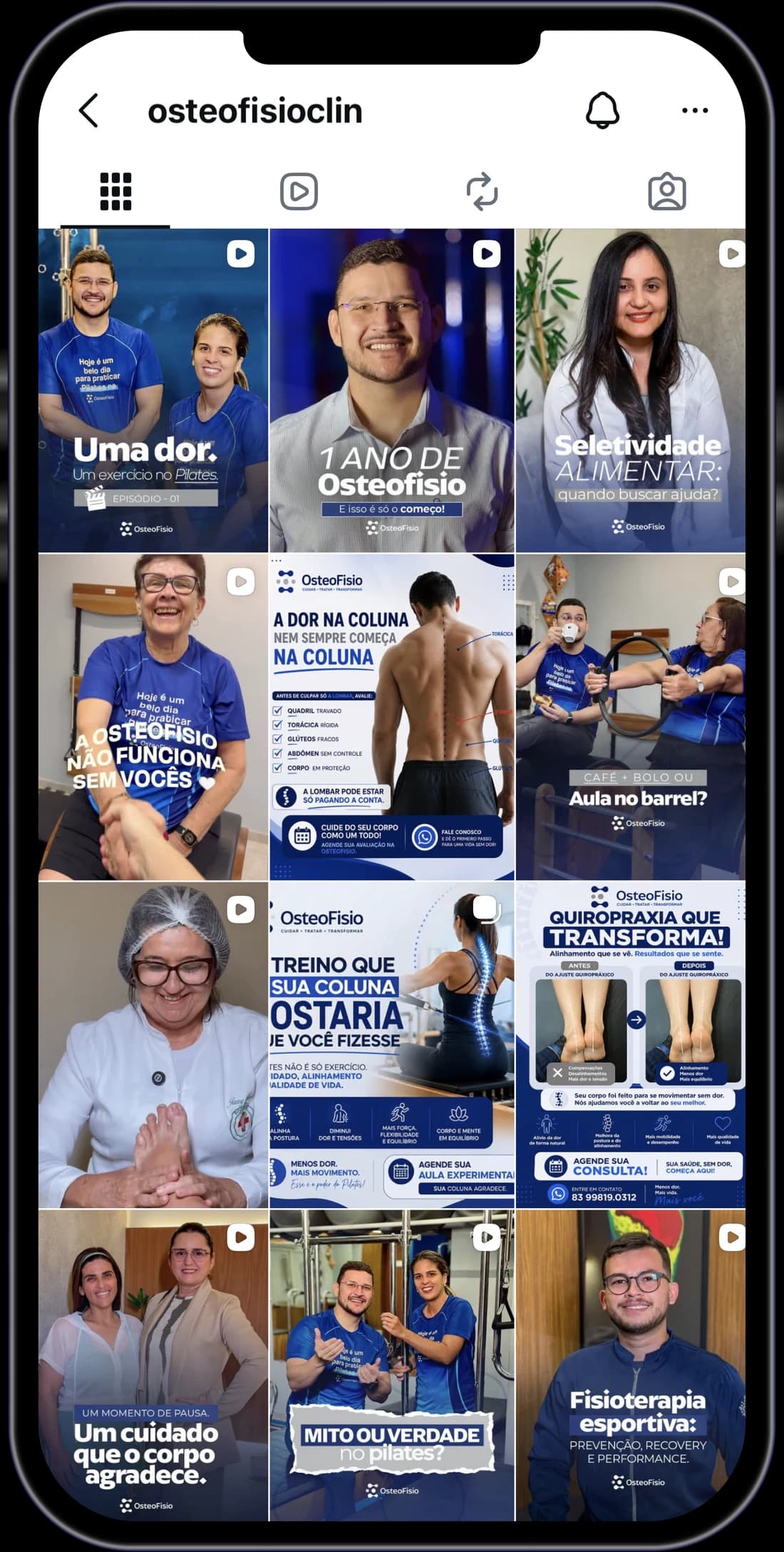 Perfil da Osteofisio com uma sequência de conteúdos produzidos para a marca